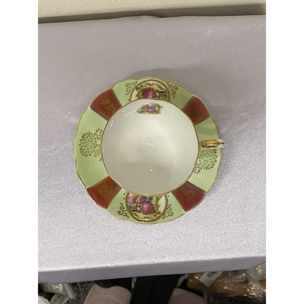 Royal Sealy China Japan Cup and Saucer - Courting Couple Mint Green /Iridescence